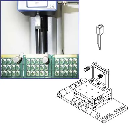 PCB焊点测试特写和定制夹具的示意图