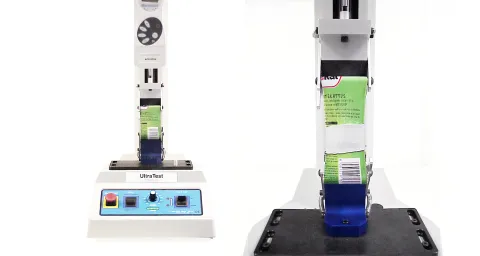 Food plastic film tensile test on a motorised tensile tester with digital gauge