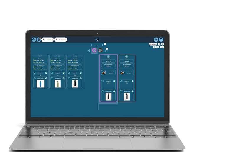 Écran du Laptop VectorPro avec les résultats des tests individuels d'une partie d'un ensemble de lots