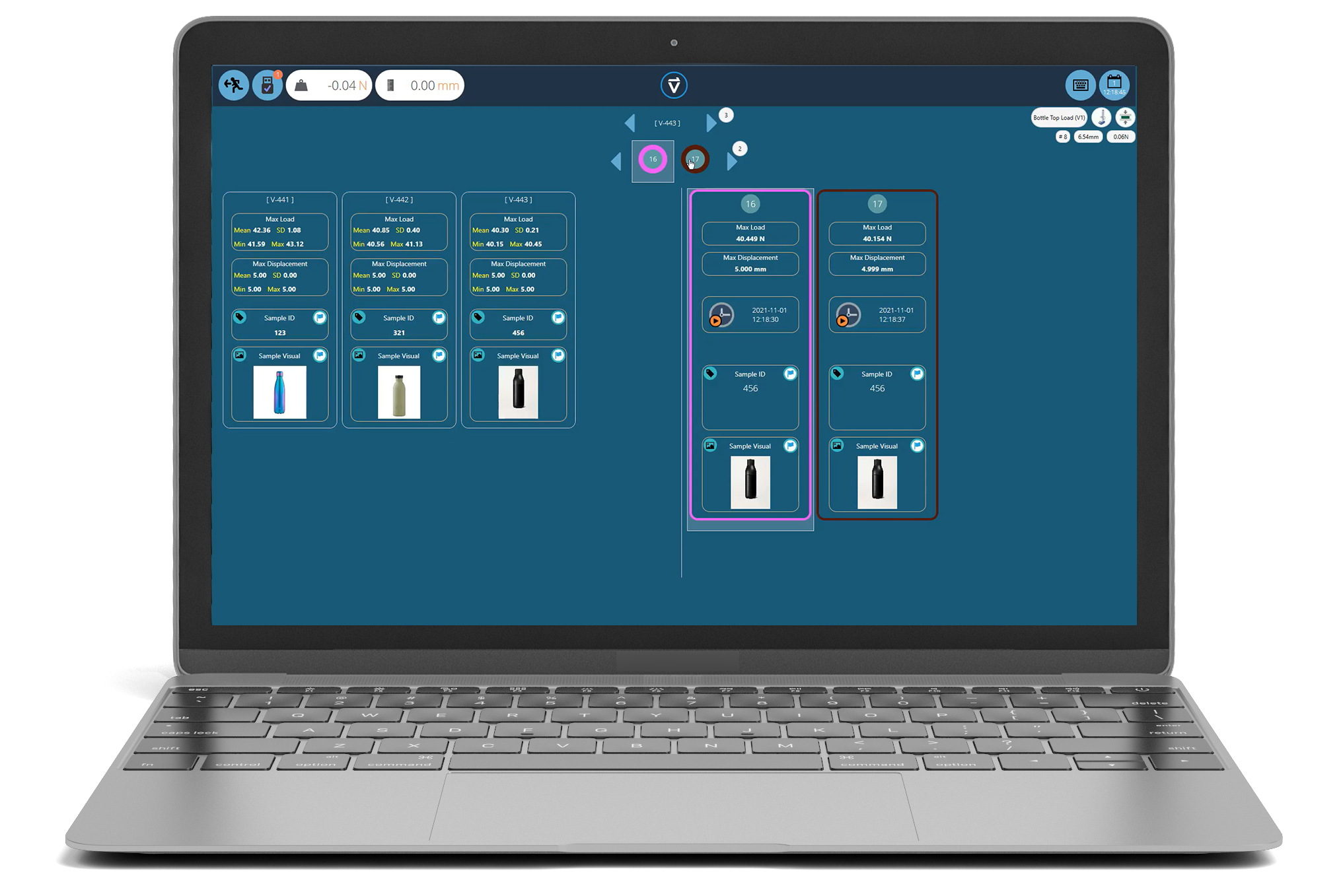 Software screen showing tabulated results for batch testing drinks containers for top-load crush resistance