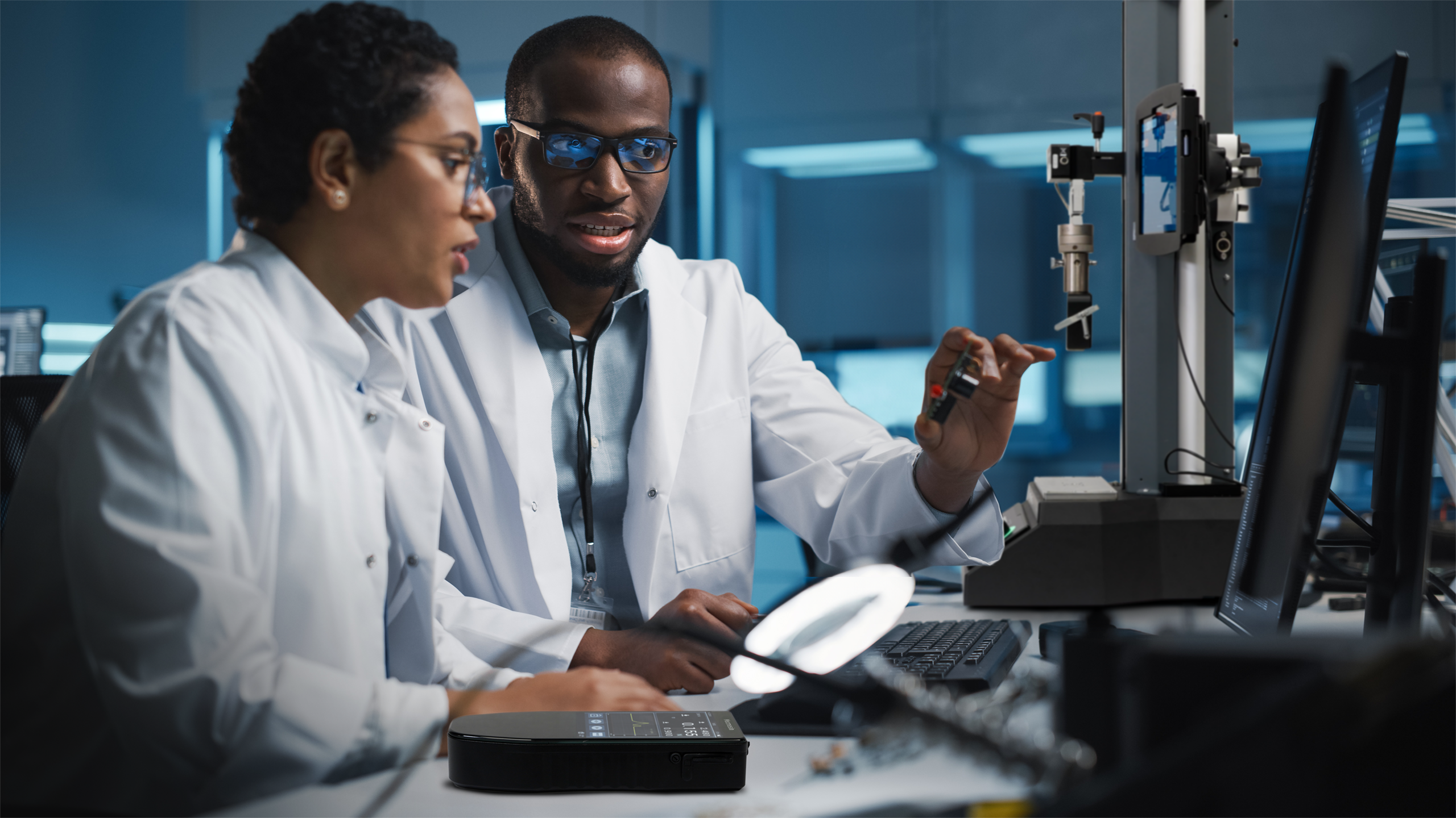 Photo of two lab technicians working on a force testing project with a universal testing machine in the background and digital force gauge in foreground