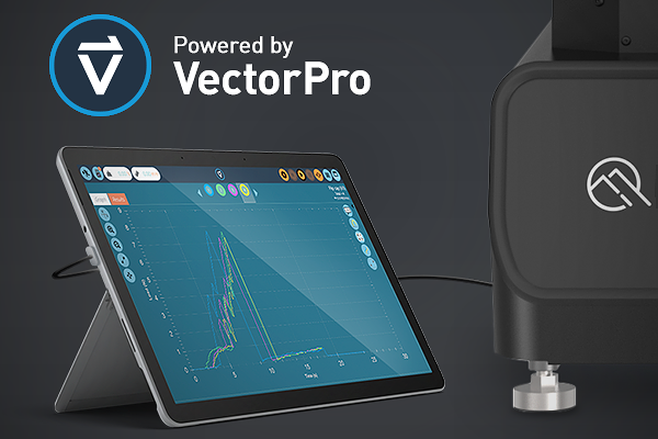 Controller/tablet displaying VectorPro test software with live graph