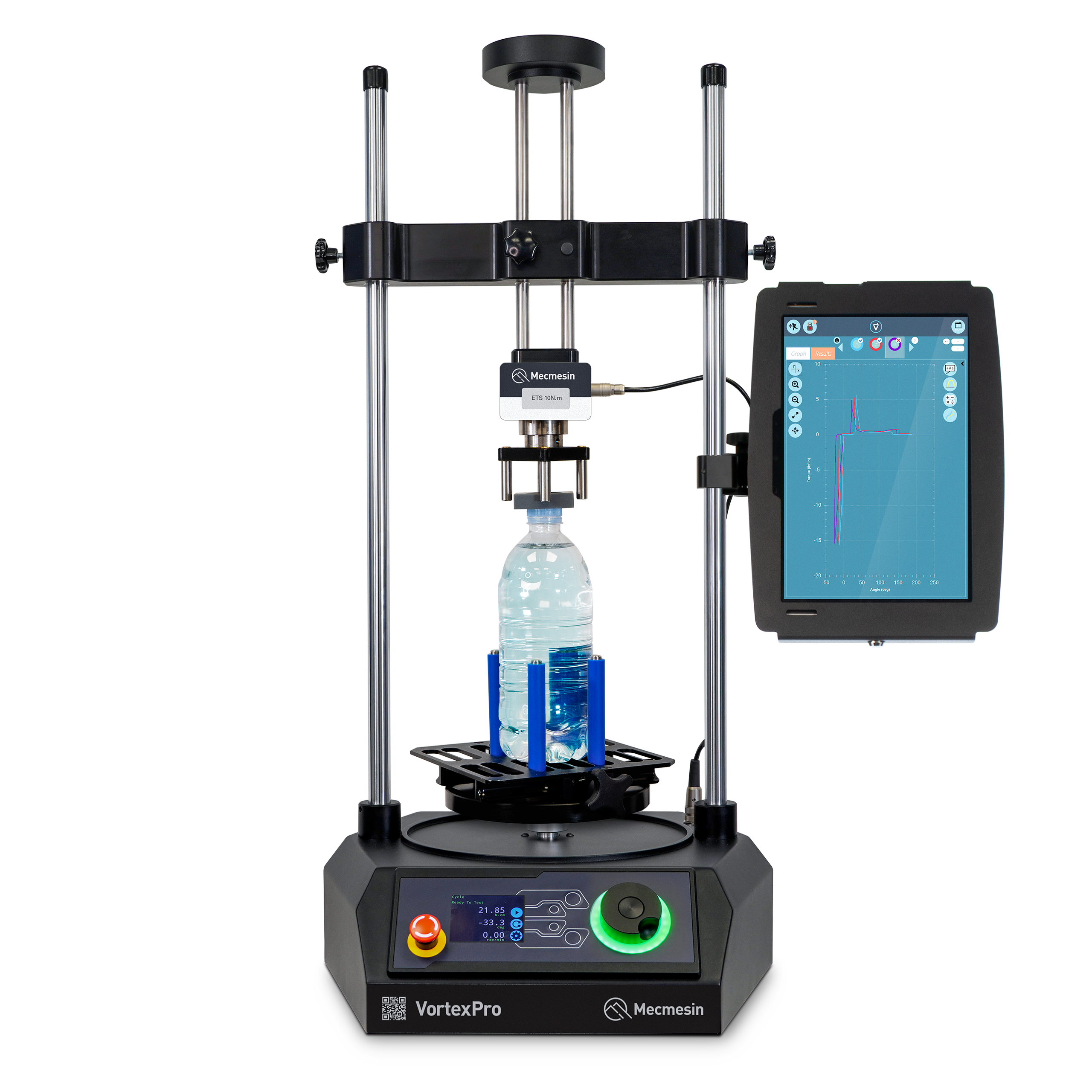 VortexPro torque testing system with plastic bottle closure torque test and live data results