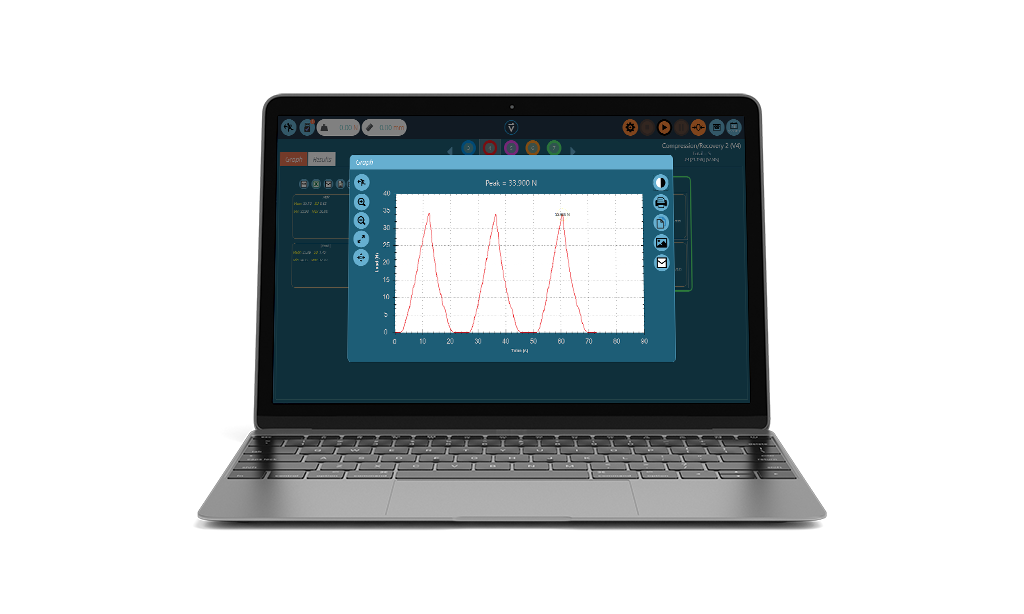 VectorPro MT Materialprüfsoftware-Testbildschirm auf einem Laptop geladen