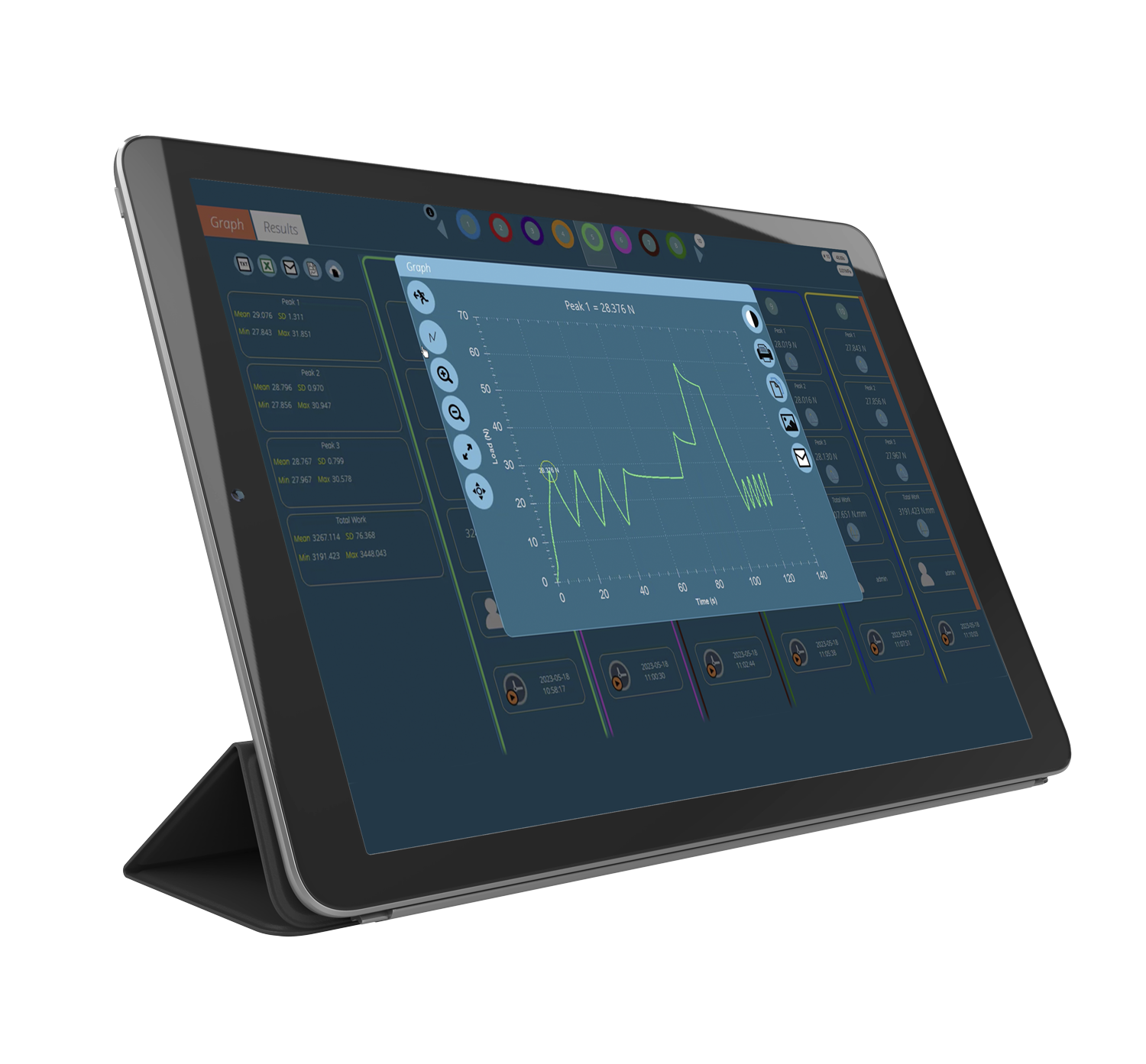 VectorPro force testing software test screen loaded on a touchscreen tablet