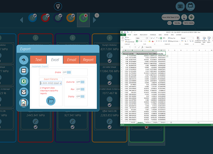 Example export of test data to Excel by VectorPro MT materials testing software