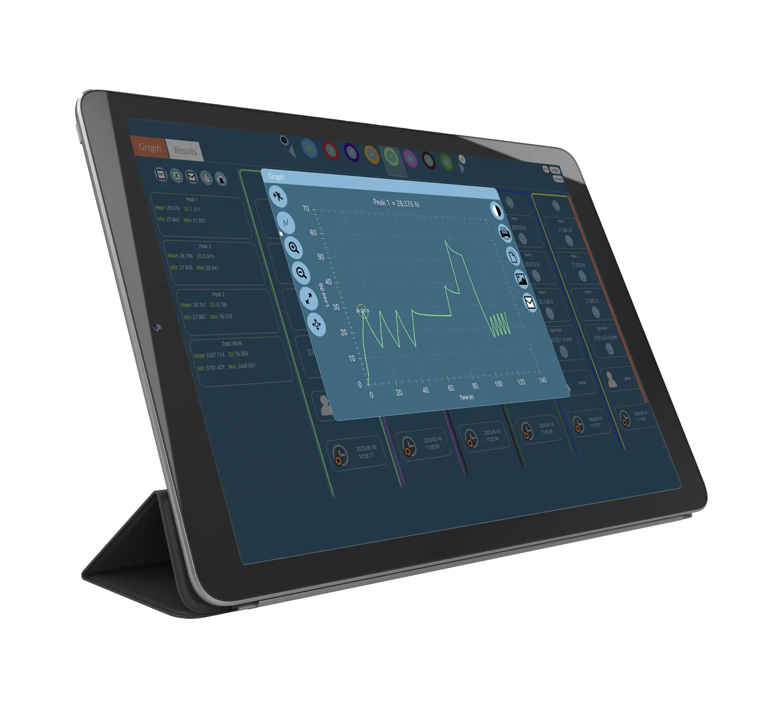 VectorPro force testing software test screen loaded on a touchscreen tablet
