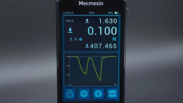 Mecmesin Vector Force Gauge (VFG), touchscreen portrait test results and graph display
