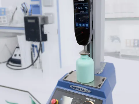 Mecmesin VFG - Touchscreen digital force gauge with motorised test stand MultiTest-dV top-load pharma bottle