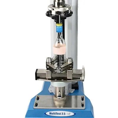 Glass bottle Stelvin pull-off test with PDV14131 V-jaw grips for tension