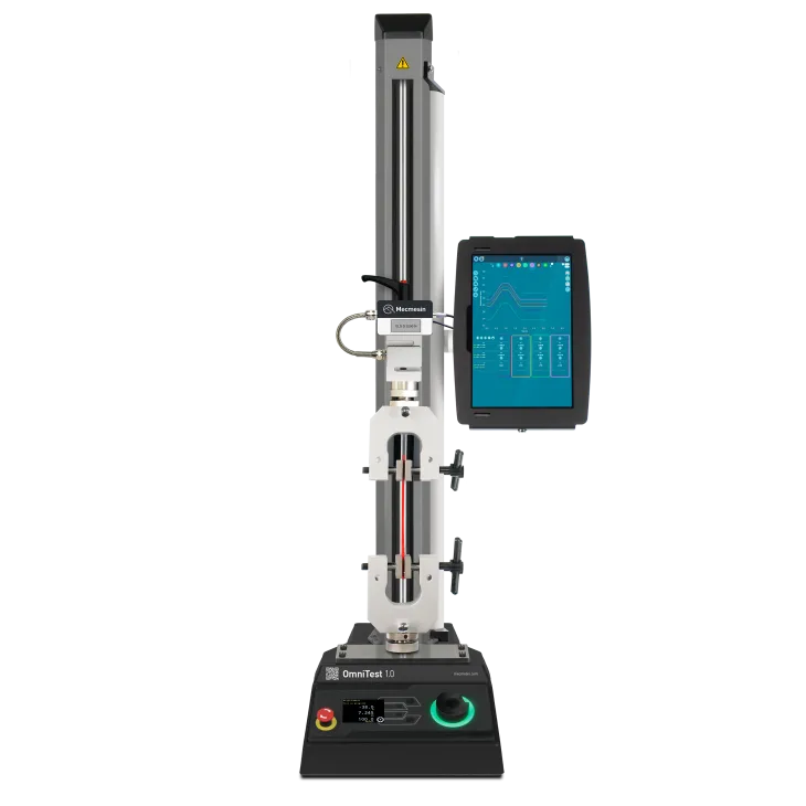 Photo of a motorised force test stand with digital force gauge mounted