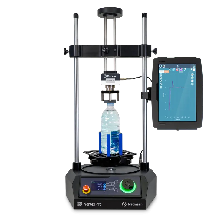 VortexPro Touch bottle torque/closure testing system product shot with blue PET water bottle